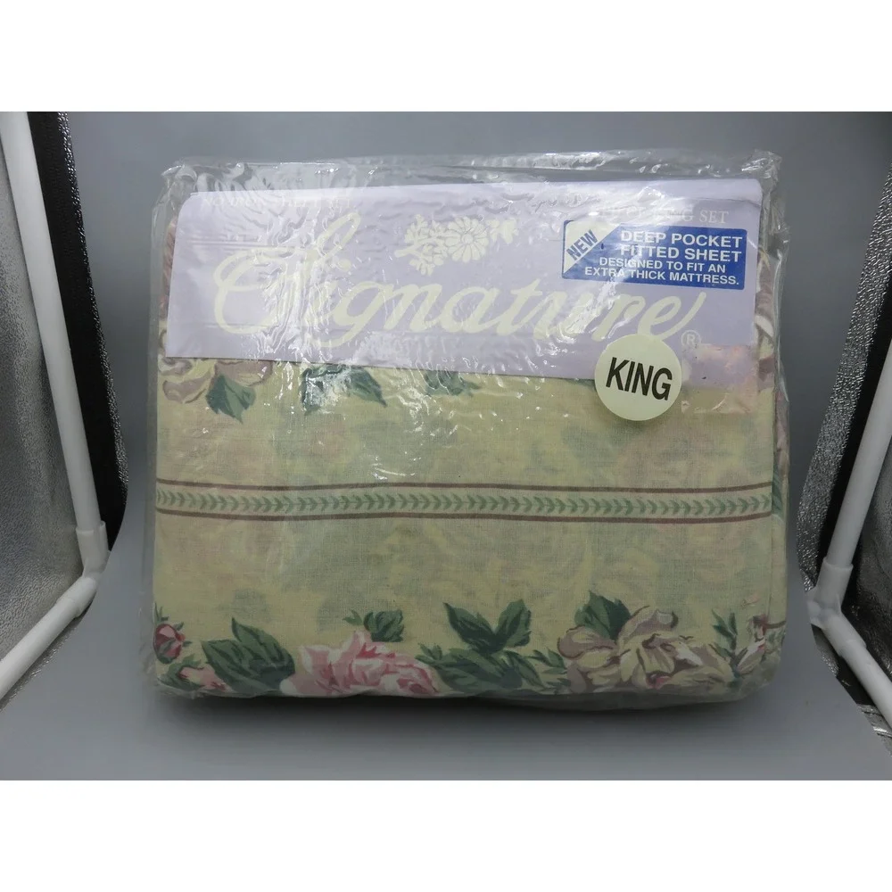 Signature King Bed Set 4pc Floral Rose Pink Green Deep Pocket Cotton Blend New